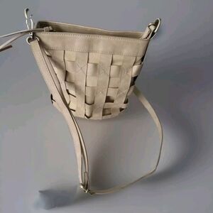 Woven Crossbody Bag‎ Beige Faux Leather Bucket Purse Handbag